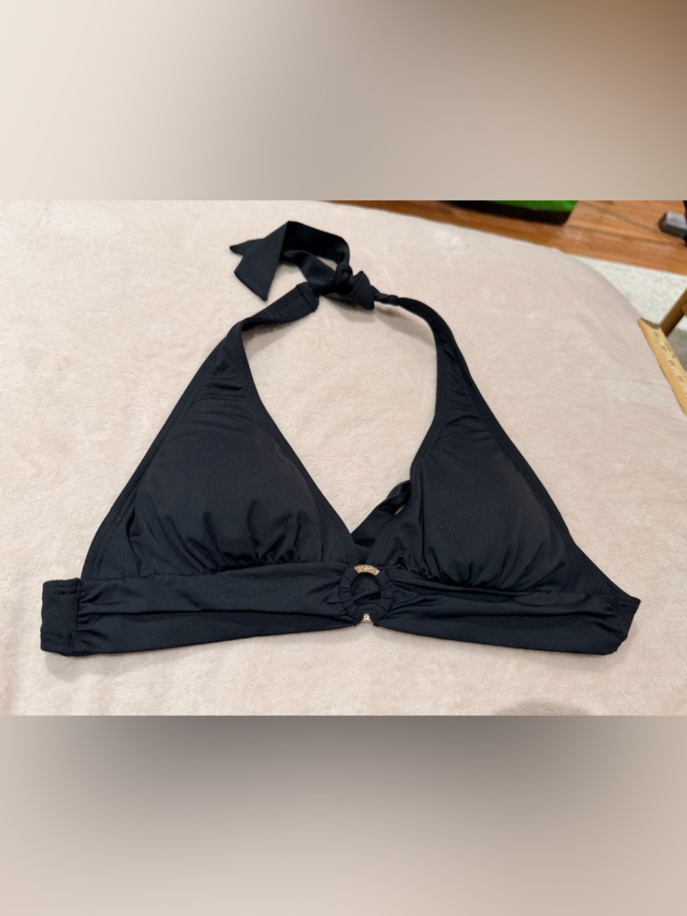Black Halter Bikini Top with Gold Ring Accent - Women Swim